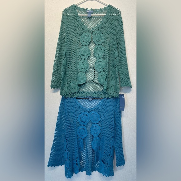 Koret Sweaters - Koret Lot Loose Knit Womens Blue Resort Green Crochet Button Sweater Cardigan L